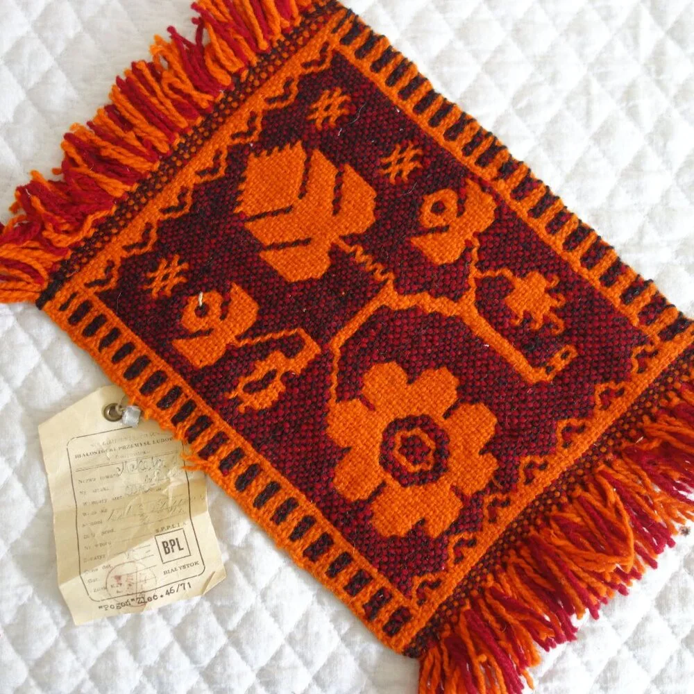 Vtg Small Bialystok Poland Polish Handmade Weaving w/ original receipt
